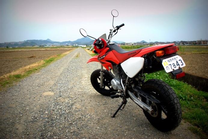 A red motorcycle parked on a gravel road
Description automatically generated with medium confidence